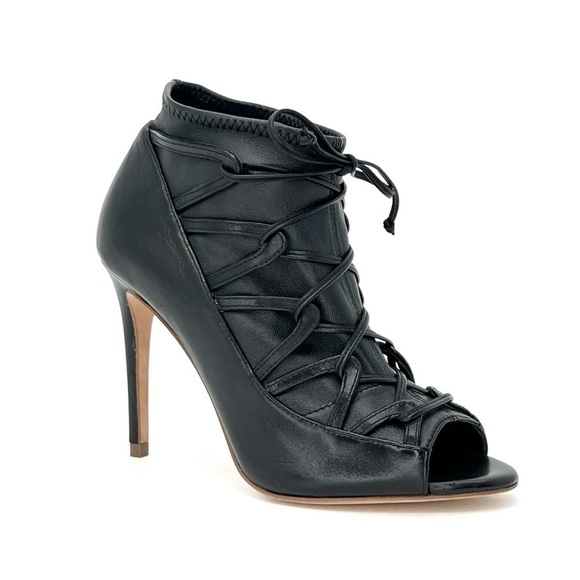 Elie Tahari Orin Heeled Booties Size 6.5 Black Leather Peep Toe Laced EUC - Picture 13 of 13